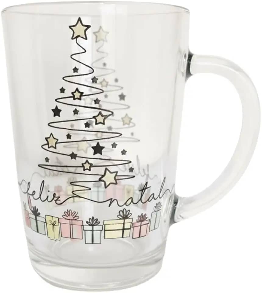 Caneca De Natal Vidro Frase Feliz Natal 320ml Xícara Transparente Com Alça Árvore Natalina Caixa Presenteável Decorativa Temática Cafés Chás Chocolate Bebidas Quentes e Geladas