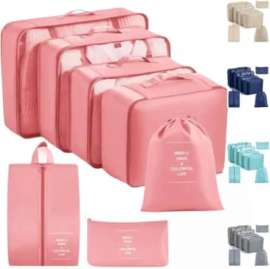Kit Organizador de Malas para Viagem 7 Peças – Bolsas, Necessaire, Saco a Vácuo | Roupas, Sapatos, Maquiagem – Mala Organizada e Compacta – Ideal para Viagem e Bagagem de Mão (Rosa)