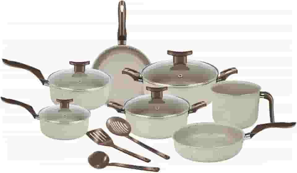 Dona Chefa, Super Jogo De Panelas 10 Peças Elegan Baunilha Tampa de Vidro Antiaderente, Conjunto de Panela para Cozinha Teflon