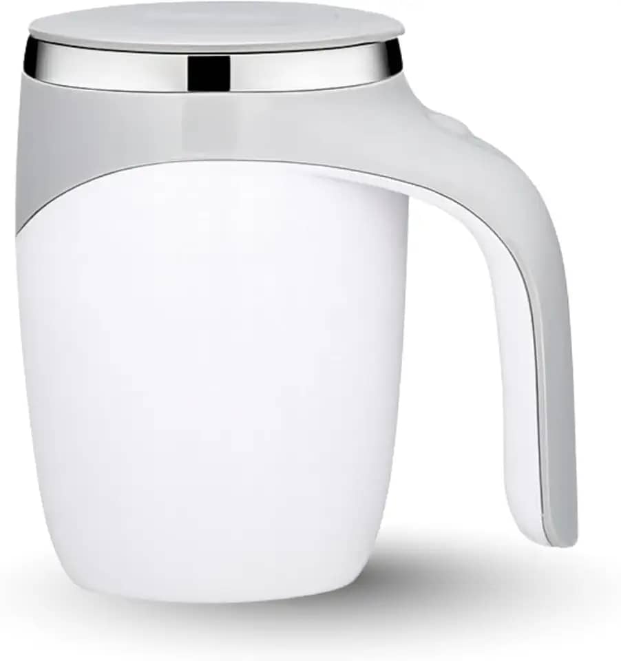 Caneca Térmica Elétrica Mixer com Misturador Magnético, 380ml, Aço Inox 304, Recarregável USB-C, Tampa Protetora, Alça Resistente, Ideal para Café, Shakes e Bebidas Quentes (Branco)