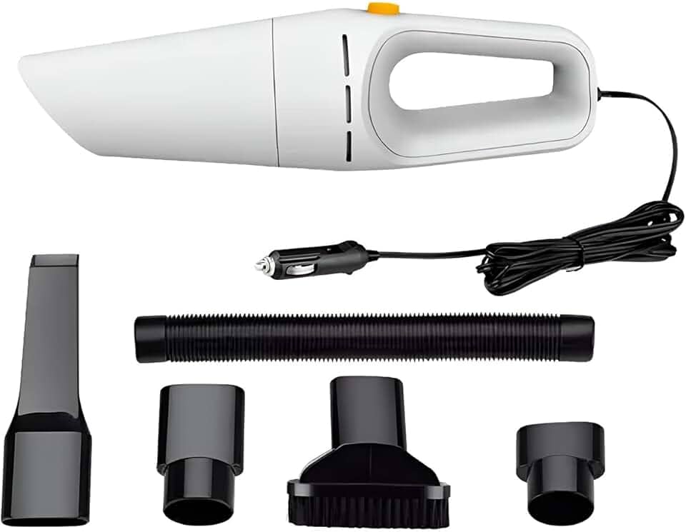 Aspirador de Pó Portátil para Carro, 120W, 12V, Branco, com Filtro Lavável, Cabo 4m, 4500Pa Sucção, Reservatório 200ml, Kit Acessórios