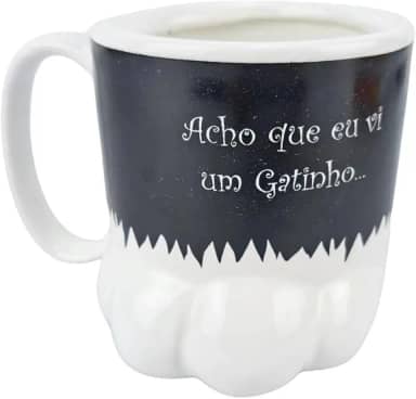 Caneca De Porcelana 3D Formato Patinha De Gato Preta Com Frase 350ml