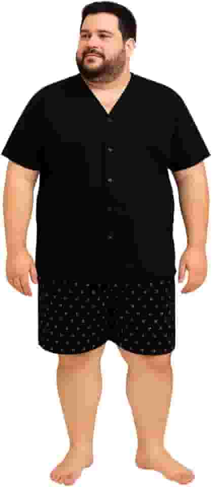 Pijama Masculino Adulto Plus Size Botão Tamanho Grande G1 G2 G3 Manga Curta Gola V