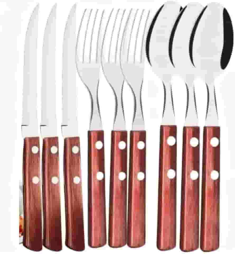 Jogo de Talheres 36 PEÇAS de Cozinha Inox CABO DE MADEIRA 12 Garfos + 12 Facas + 12 Colheres de Mesa Talher - Conjunto Completo para 12 Pessoas(72 PEÇAS)