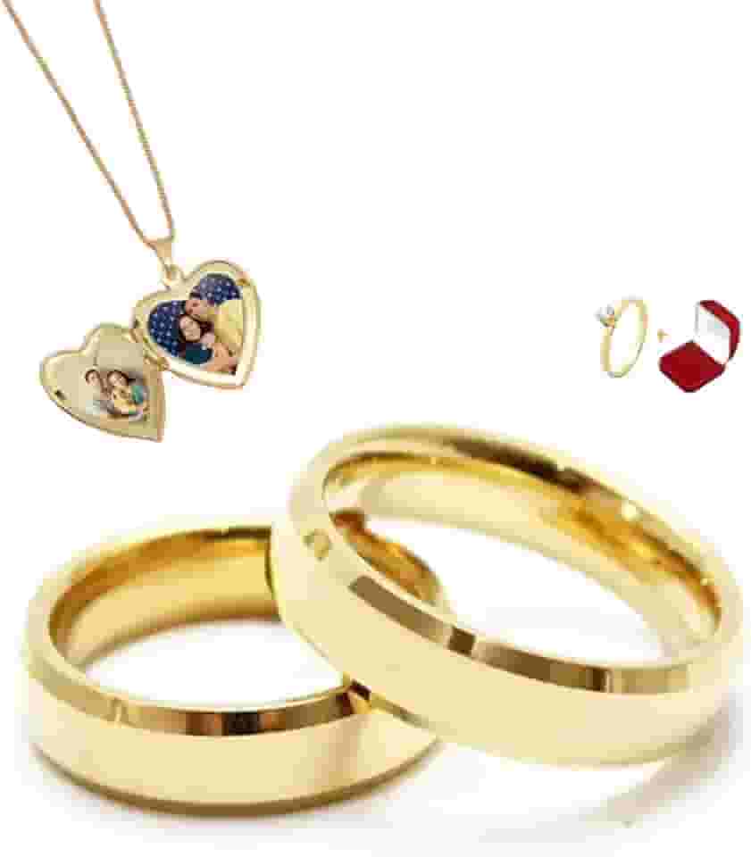 Par de Alianças Italianas 4mm Anatomicas Chanfradas com Anel Solitário com Pedra de Zirconia e Colar Relicário Porta Fotos Banhados a Ouro Com Caixa de Veludo Casamento Noivado Namoro