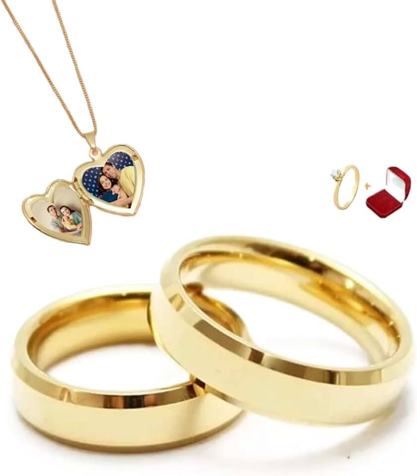 Par de Alianças Italianas 4mm Anatomicas Chanfradas com Anel Solitário com Pedra de Zirconia e Colar Relicário Porta Fotos Banhados a Ouro Com Caixa de Veludo Casamento Noivado Namoro