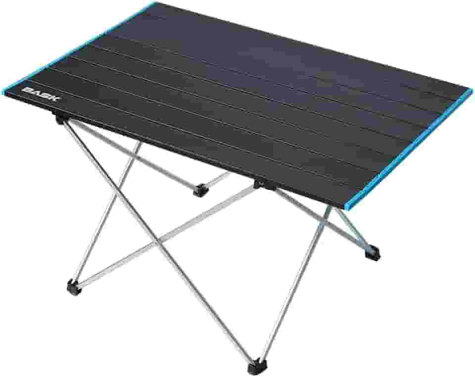 BASK Mesa Dobrável Portátil de Alumínio (40,5 x 40 x 56 cm), Ultraleve 1,7 kg, Suporta 20 kg, Compacta com Bolsa de Transporte para Camping, Praia, Churrasco, Preta com Bordas Azuis