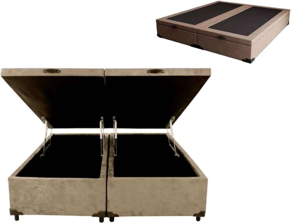 Cama Báu Box Base King Size Bipartido Suede Bege, RC. 203x193 com Pistão a Gás.