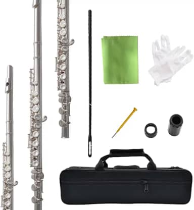 Instrumento de flauta niquelado em tom C de 16 furos fechados para flauta, iniciante a tocar flauta graduada, com caixa e kit de limpeza.