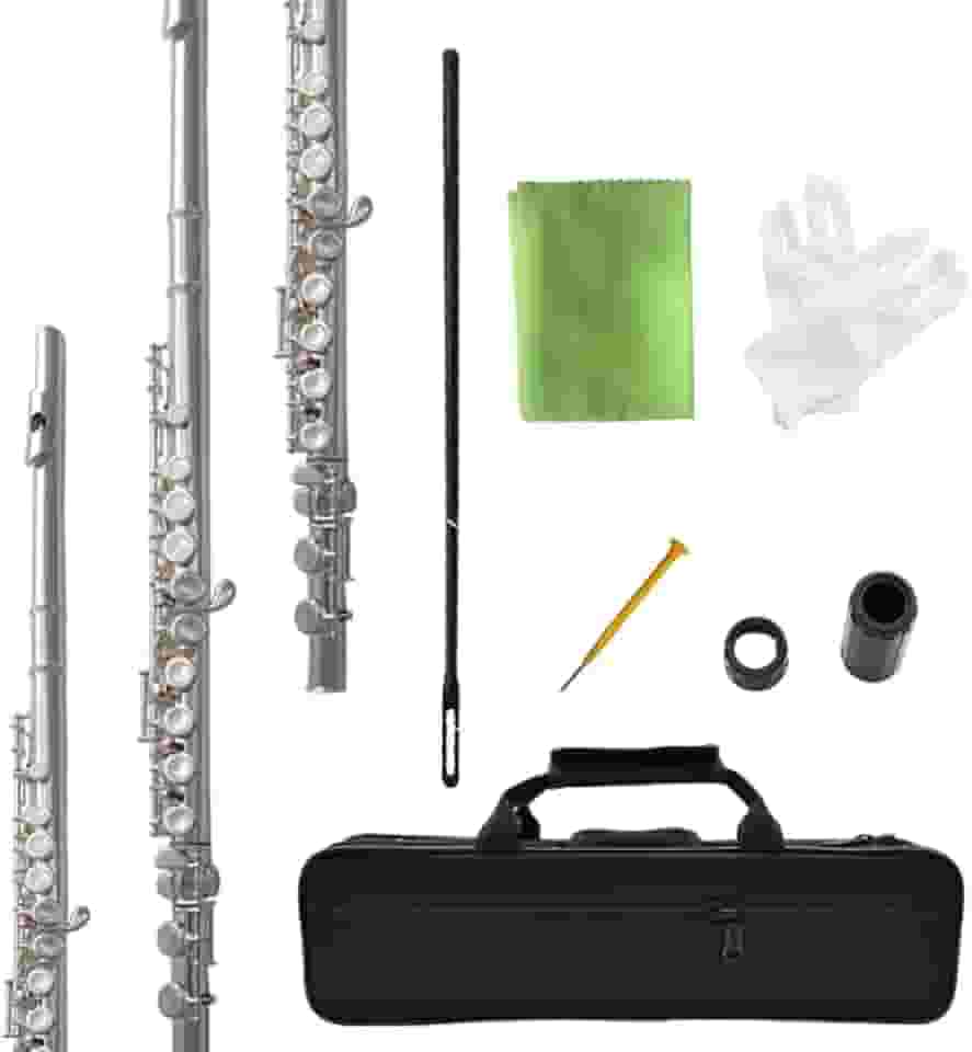 Instrumento de flauta niquelado em tom C de 16 furos fechados para flauta, iniciante a tocar flauta graduada, com caixa e kit de limpeza.