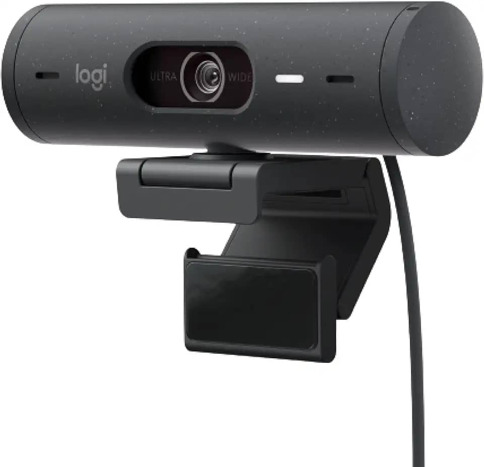 Webcam Full HD Logitech Brio 500 com Microfones Duplos com Redução de Ruídos, Proteção de Privacidade, Correção de Luz e Enquadramento Automático - Grafite