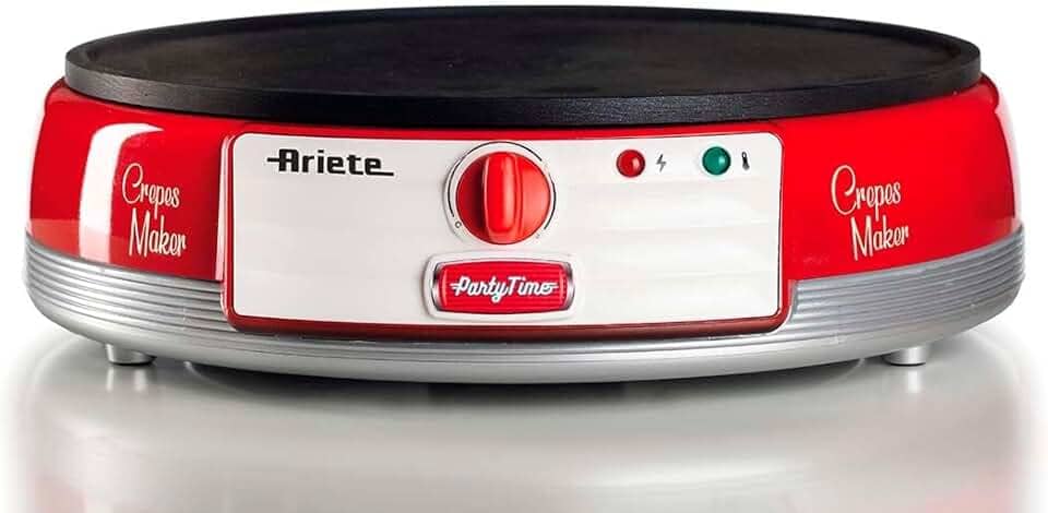 Ariete 202, Maquina de Crepe Retrô Vermelha - Party Time, Base antiaderente com controle de temperatura, 1000W - 127V
