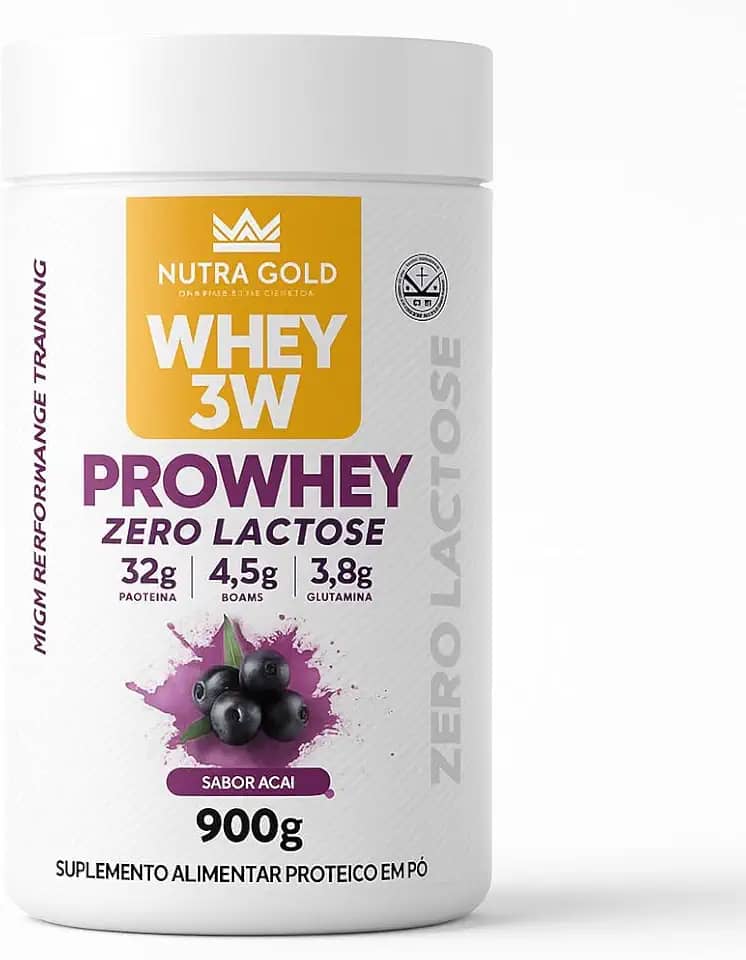 Whey Protein 3w Nutra Gold Zero Lactose Pote 900g com 32g de Proteina por dose (900, Açaí)