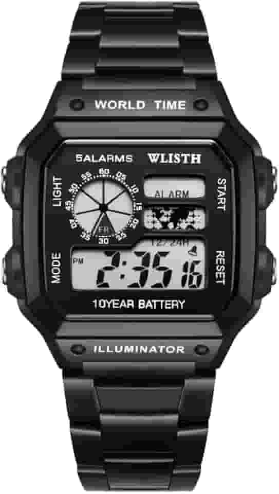 Relógio quadrado multifuncional retrô, casual, à prova d'água, de aço inoxidável, relógio, hora, data, despertador, fuso horário duplo, Preto, Com 4 janelas de exibição, despertadores, data, hora e horário mundial