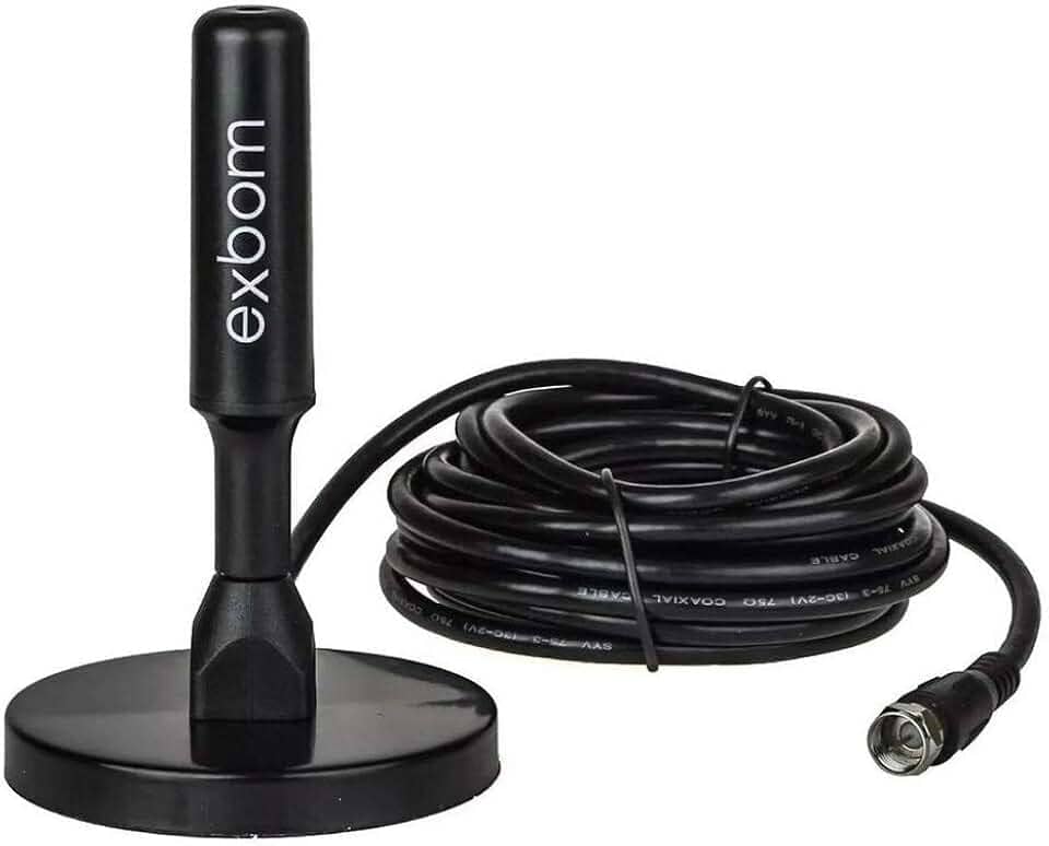 Antena Digital Amplificada HDTV/UHF/VHF Interna e Externa 5m Base Imã prova d'água 4dBI - Exbom