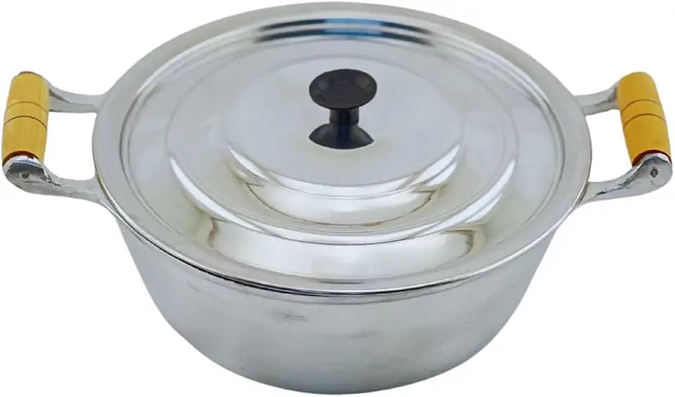 Panela Individual Com Tampa Polida Alumínio Fundido Batido Grosso N24 Cabo de Madeira Marfim Envernizado