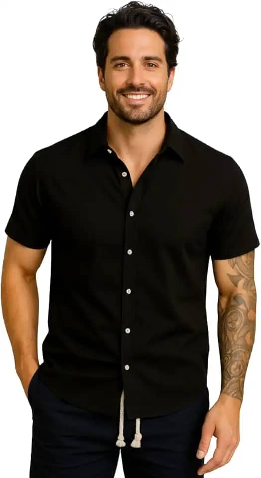 Camisa Masculina Gola Italiana Manga Curta Leve Elegante para Trabalho e Passeios, Tecido Fresco Passa Facil