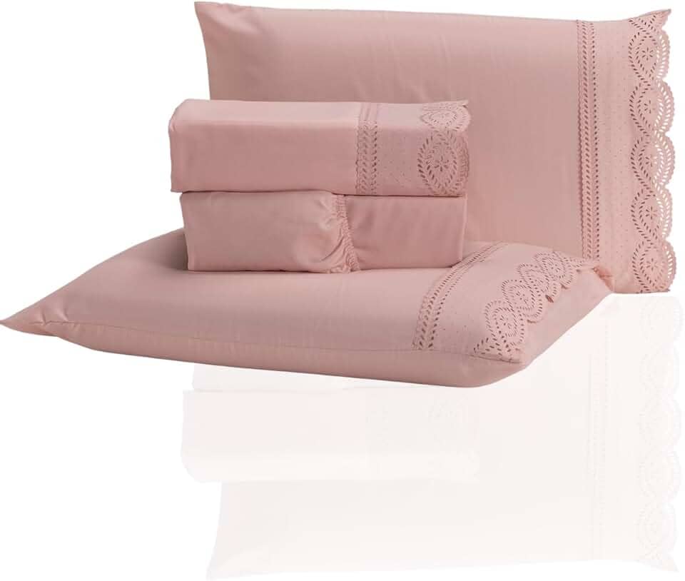 Jogo de Lençol Casal 3 Peças Percal 400 Fios Bordado Inglês - Tecido Acetinado, Macio e Confortável (Rose, Casal)