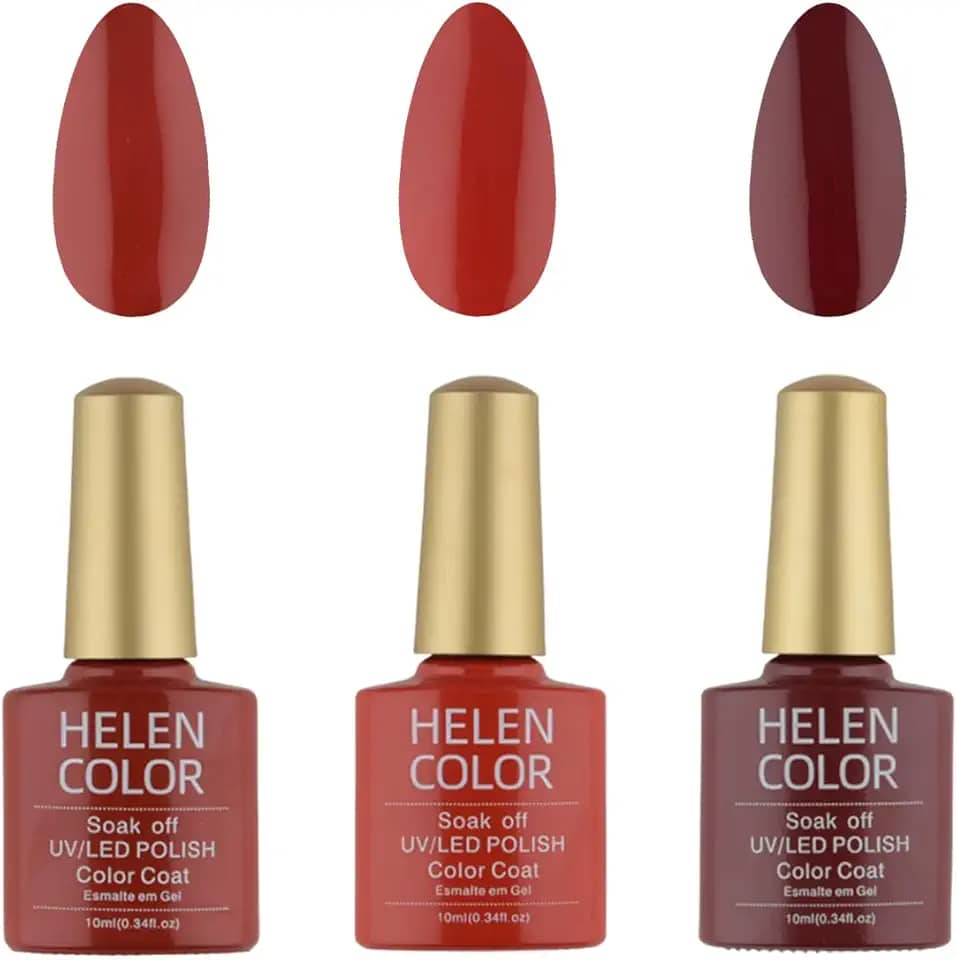 HELEN COLOR Kit 3 Esmaltes em Gel UV/LED 10ml Cada Frasco Secagem Rápida Alta Durabilidade Acabamento Brilhante (Vermelho)