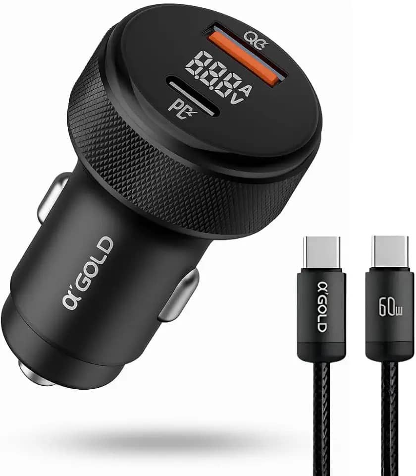 Carregador Adaptador Veicular Turbo 60W SuperPower Para Carro com 2 Portas USB 3.0 + Cabo Tipo C Carregamento Rápido 9.1A Compatível com Celulares, Tablets e GPS Modelo Premium