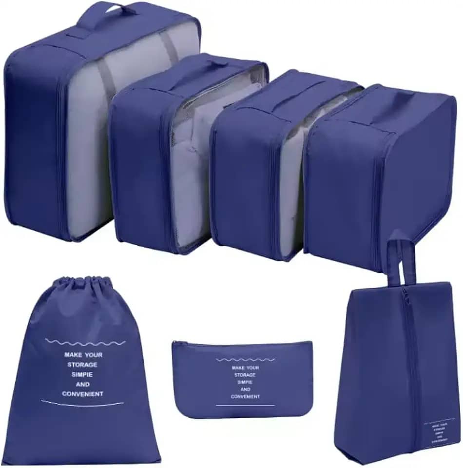 Kit Organizador de Malas Para Viagem Conjunto Organizador de Bagagem 7 Peças Bolsa Organizadora Para Roupas Acessórios Sapato Estojo de Maquiagem Cosméticos (Azul Marinho)