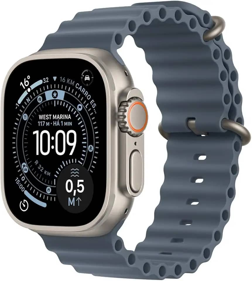 Apple Watch Ultra 3 GPS + Cellular, Caixa em titânio natural de 49 mm com Bracelete Ocean azul‑âncora
