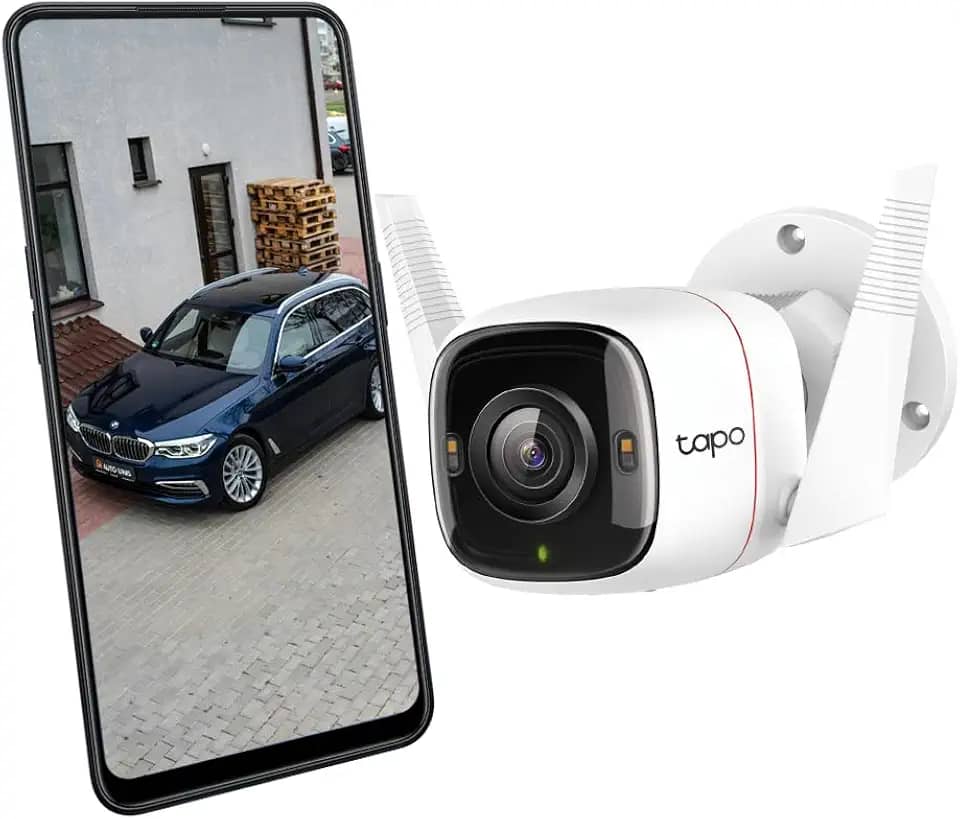 Tapo C320WS – Câmera de vigilância WiFi externa/interna, 2K, resolução QHD de 4 MP, visão noturna colorida, 512G, notificações em tempo real, IP66 à prova d'água, compatível com Alexa, branca.