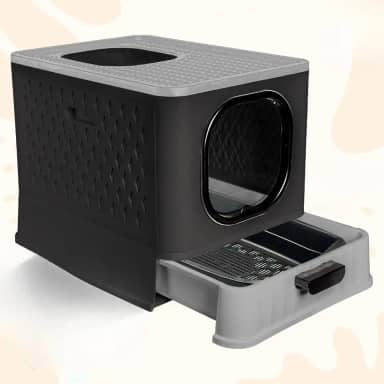 Caixa de Areia Fechada Luxo para Gatos - Banheiro Pet com Porta Transparente, Gaveta e 2 Comedouros(SB LUXO+PENEIRA - BLACK/CINZA)