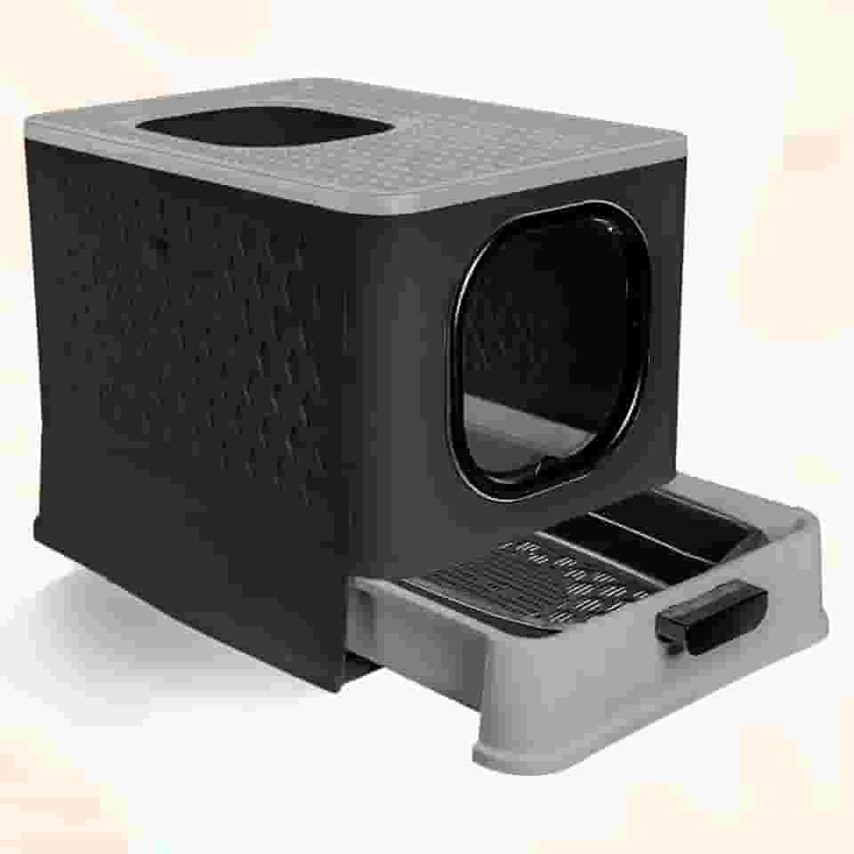 Caixa de Areia Fechada Luxo para Gatos - Banheiro Pet com Porta Transparente, Gaveta e 2 Comedouros(SB LUXO+PENEIRA - BLACK/CINZA)