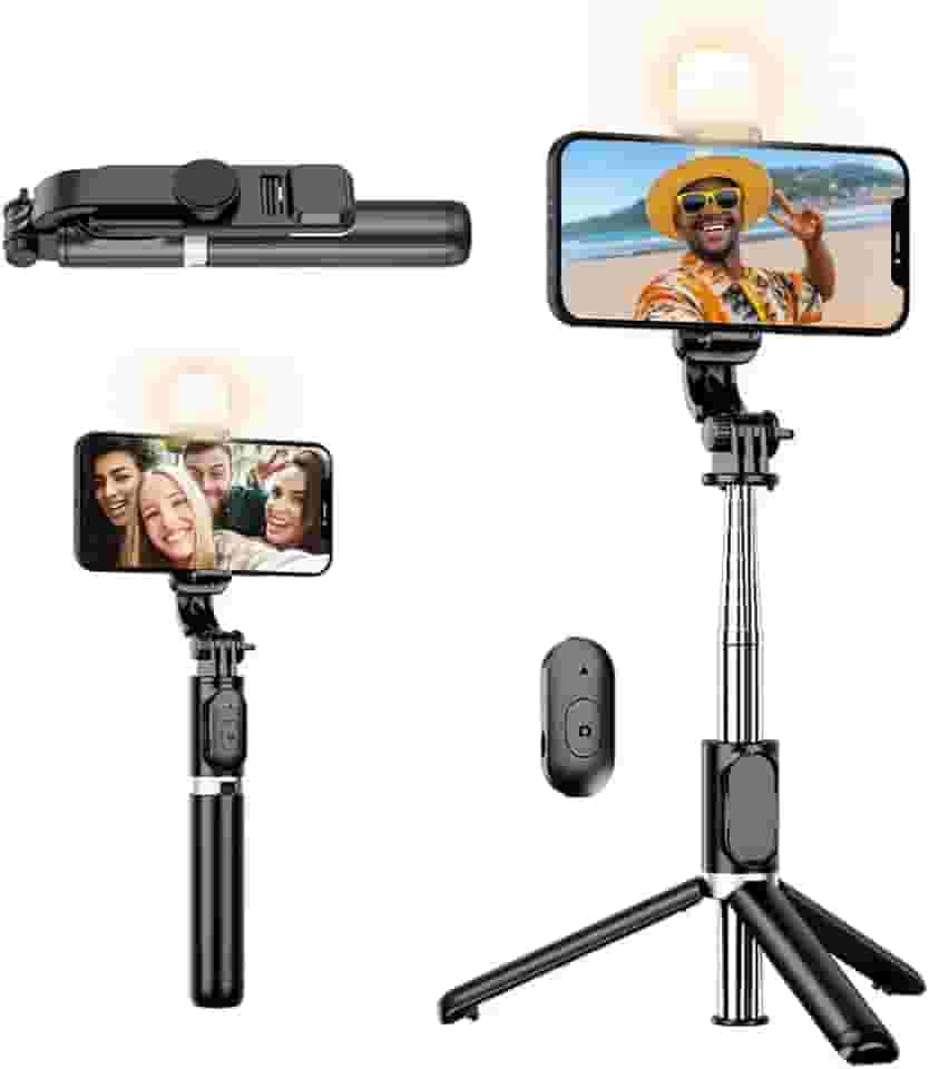 Bastão de Selfie com LED Tripé, Controle Bluetooth Remoto, Rotação 360°, Extensível até 1 Metro, Luz Compatível com iPhone e Android – Leve, Portátil, 3 em 1