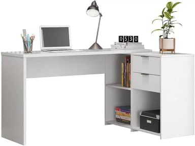 Mesa de Canto Escrivaninha em L Notavel com 2 Gavetas 3 Portas para Escritorio Branco
