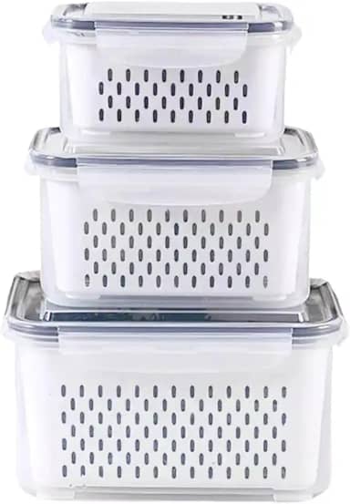 Kit 3 Potes Herméticos Organizadores de Geladeira com Trava, Tampa Vedada, Cesto Escorredor Removível, Sem BPA, Livre de Odor, Empilhável, Freezer, Frutas, Legumes, Alimentos