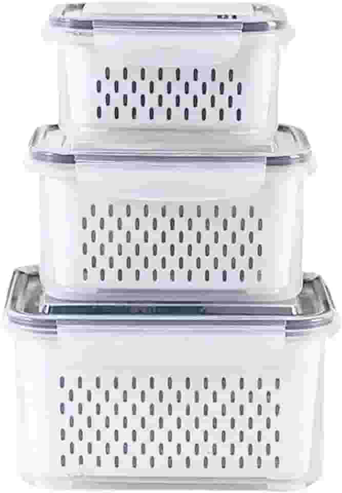 Kit 3 Potes Herméticos Organizadores de Geladeira com Trava, Tampa Vedada, Cesto Escorredor Removível, Sem BPA, Livre de Odor, Empilhável, Freezer, Frutas, Legumes, Alimentos