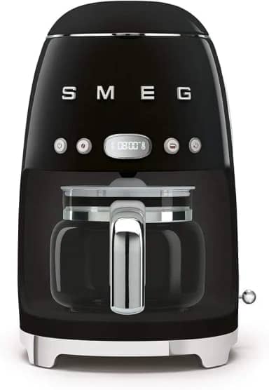 Smeg Máquina de café por gotejamento DCF02BLUK, modo de início automático, filtro reutilizável, visor digital, sistema anti-gotejamento, opção de intensidade de aroma, tanque de 1,4 litros, preto