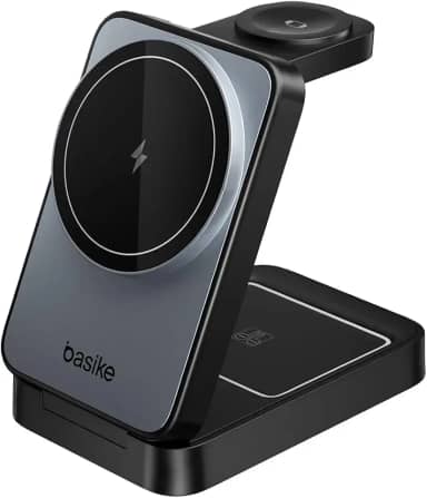 Basike Carregador Sem Fio 3 em 1 Magnético 2025, Estação de Carregamento Portátil com Luz Noturna, Dobrável e Compatível com MagSafe, iPhone 16/15/14/13/12, Apple Watch e AirPod (Preto)