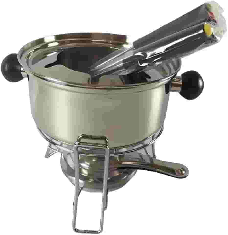 CONJUNTO PARA FONDUE COM 10 PÇS EM INOX CONTENDO: 1 PANELA DE FONDUE EM AÇO INOX 410 E CABO EM BAQUE