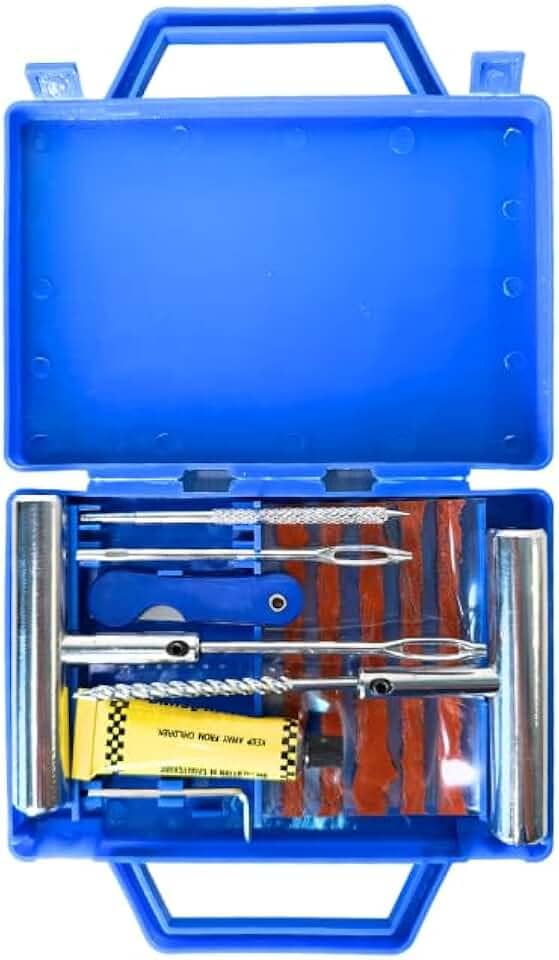 Kit Reparo de Pneus 12 Peças c/Maleta – Maleta Azul Portátil, Macarrão, Escariador, Aplicador, Estilete e Cola – Carro, Moto, Bike – Remendo Sem Câmara
