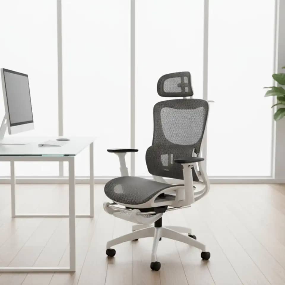 Cadeira Executiva Ergonômica, Giratória, Tela Mesh, Reclinável com Apoio Lombar e Cabeça, Suporta 150kg, Home Office e Gamer, NR17 (Branca e Preta)