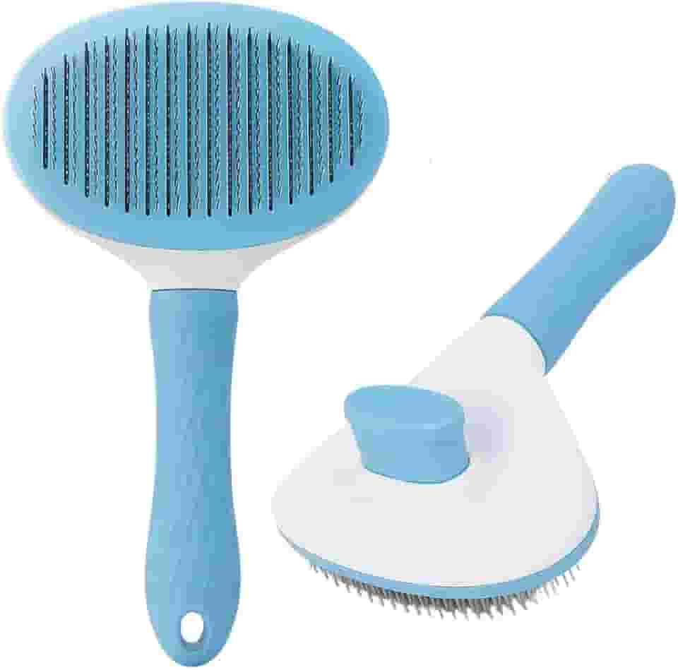 Escova Rasqueadora Pet Autolimpante Cães Gatos Remove Pelos Soltos Nós Com Suavidade Cerdas de Aço Flexíveis Pontas Arredondadas Cabo Ergonômico Limpeza Fácil Para Pelagem Média a Longa (Azul)