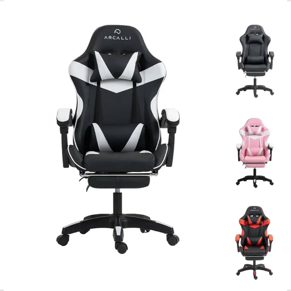 Cadeira Gamer Escritório Arcalli Ergonômica Profissional Descanso de Pernas (Branco)