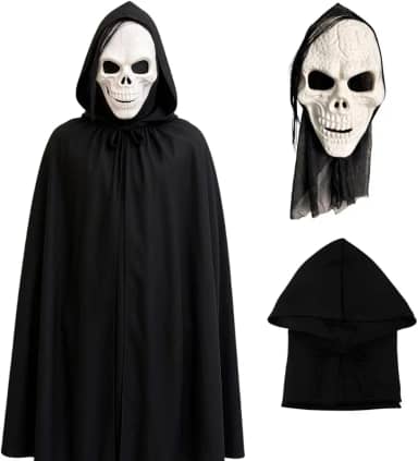 Fantasia Caveira Assustadora Halloween Máscara + Capa Preta