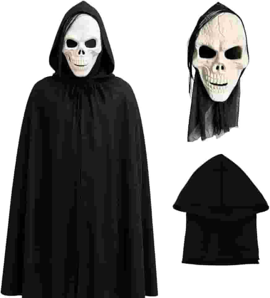 Fantasia Caveira Assustadora Halloween Máscara + Capa Preta