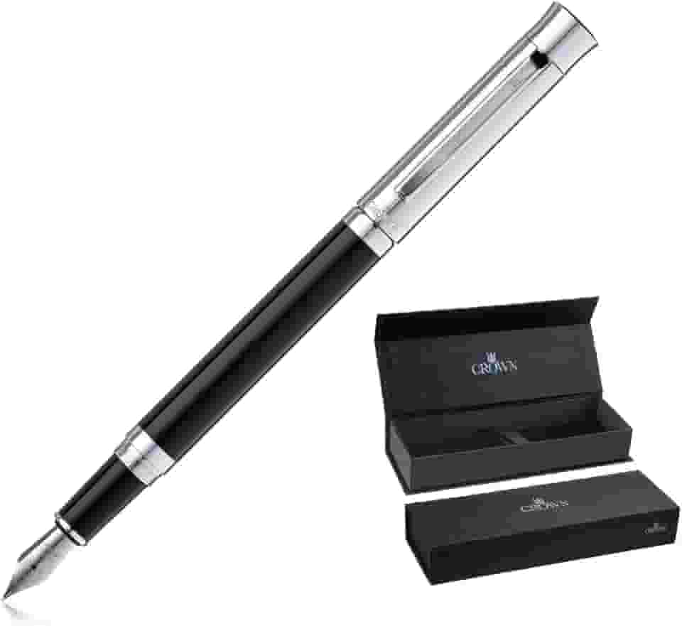 Caneta Tinteiro Crown Jazz Preta Luxo Presente + Estojo Conversor Tinta e Capa de Veludo