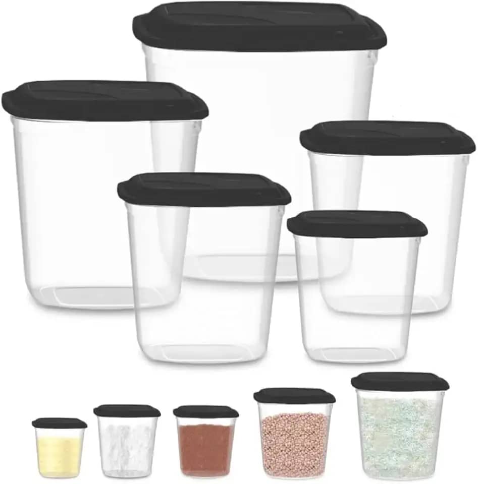 Uninjet Conjunto Básico de 5 Potes para Mantimento com Tampa - 6.6L, 3.5L, 1.9L, 1.9L, 0.9L - Preto