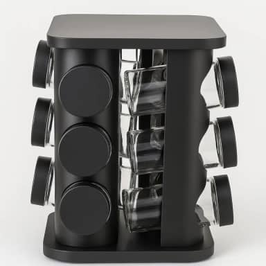 Porta Temperos Giratório Preto com 12 Potes de Vidro 85ml Organizador de Condimentos de Vidro Moderno e Funcional para Cozinha