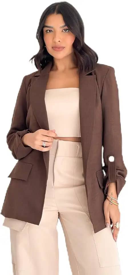 Blazer Mariah em Linho Tecido Suave Com Bolso Falso Forrado Manga Longa Moda Lunii