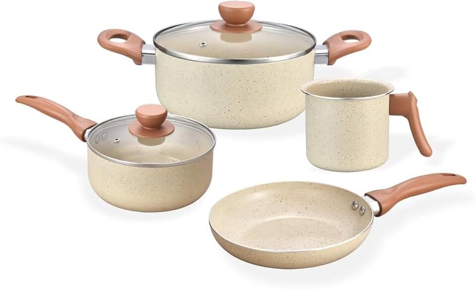 Oikos - Jogo com 4 Panelas Antiaderentes de Revestimento Cerâmica com Tampa de Vidro Terrara Bege com 5 Camadas para Fogão a Gás, Elétricos, Cerâmicos e Halogênio