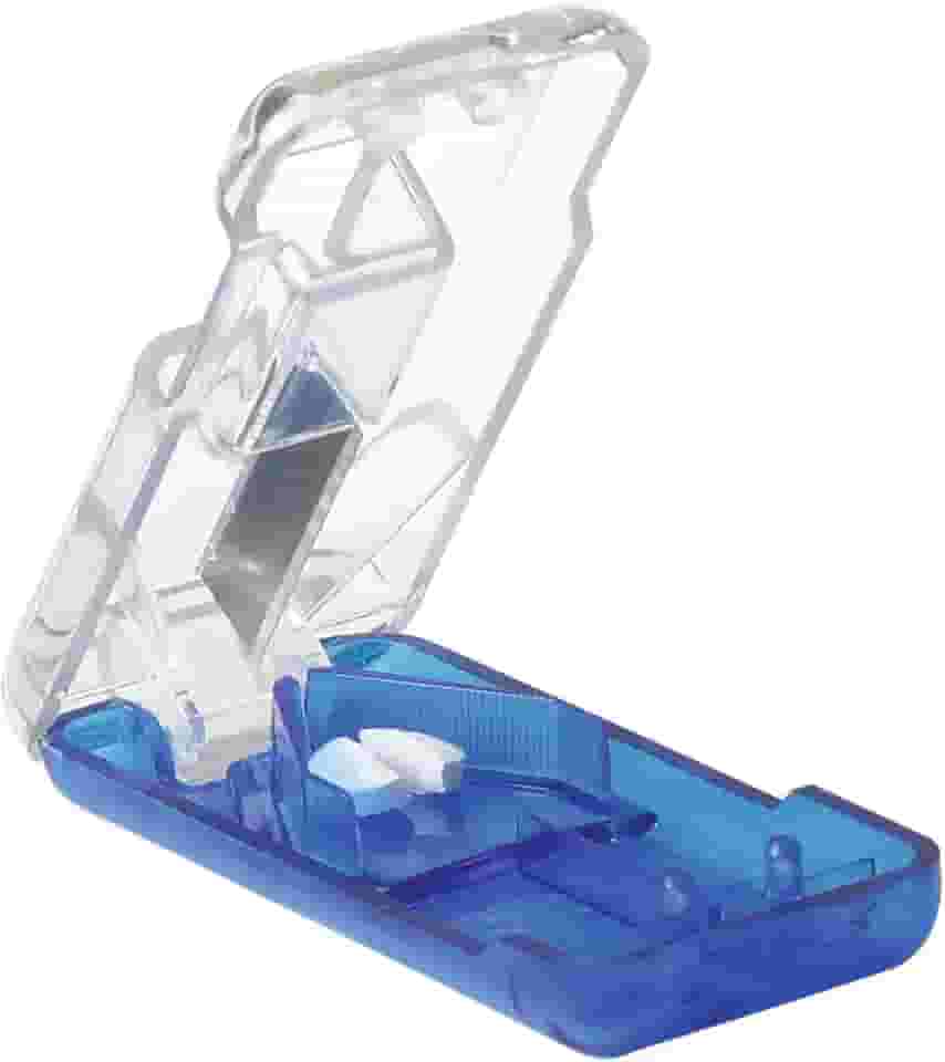 Ezy Dose Cortador de comprimidos e divisor com dispensador, corta pílulas, vitaminas, comprimidos, lâmina de aço inoxidável, tamanho de viagem, cores sortidas, cortador