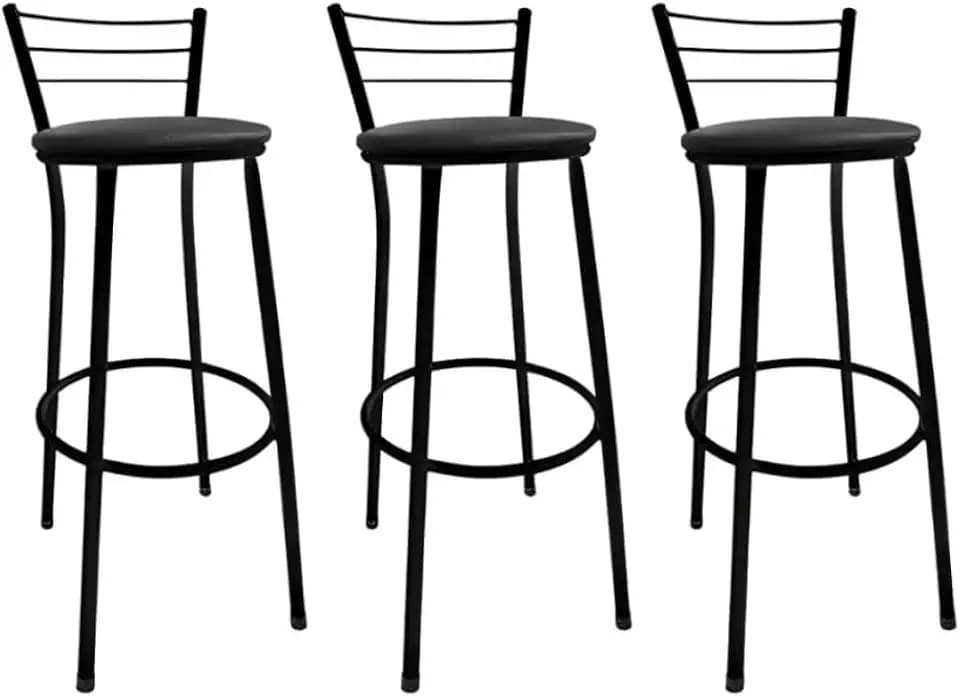 Kit 3 Banqueta de Bar Alta com Encosto - Para Cozinha Americana e Área de Lazer (Preto)