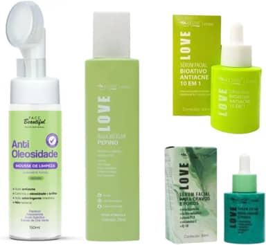 Max Love Kit Skincare Facial Vegano, Água Micelar Pepino 290ml, Sérum Antiacne 10 em 1, Sabonete Antioleosidade, Sérum para Cravos e Poros